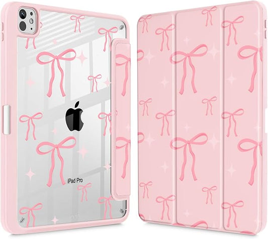 May Chen Case for iPad Pro 11-Inch M5/M4 2025/2024 (6th/5th Generation) Clear Transparent Print Back Shell Slim Stand Shockproof Tablet Cover Auto Wake/Sleep Pink Bows P721