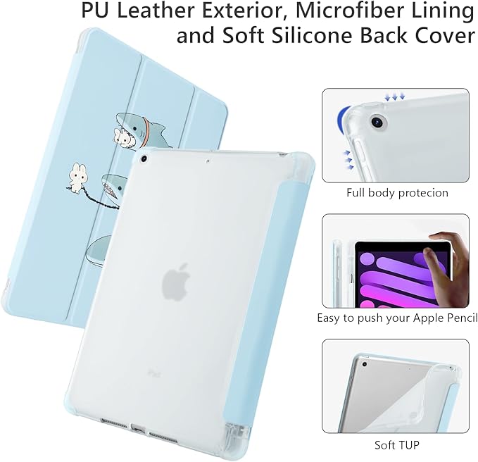 Cute Kawaii Bunny Shark for iPad 5th/6th Generation Case with Pencil Holder Auto Sleep/Wake Blue Leather Soft TPU Back Cover for iPad 9.7 Inch