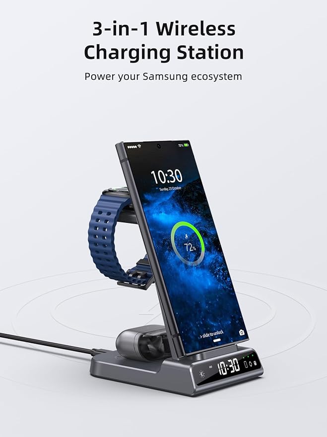 Wireless Charger Samsung Charging Station: 3 in 1 Android Charging Stand with Dimmable Clock - Nightstand Organizer for Galaxy S25 Ultra S24 Galaxy Watch 8 7 6 5 4 Galaxy Buds Space-Saving Charger