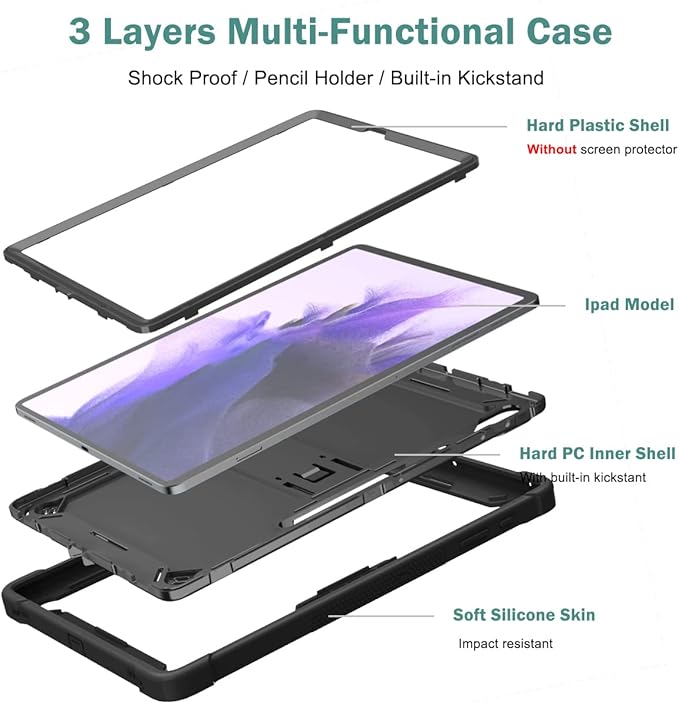 for Samsung Galaxy Tab S8 Plus 2022/S7 FE 5G 2021/S7 Plus 2020 Tablet 12.4 inch Case with S Pen Holder/Kickstand/Hard Shockproof Silicone Rugged Stand Cover for Tab S8+/S7+/S7 FE Black