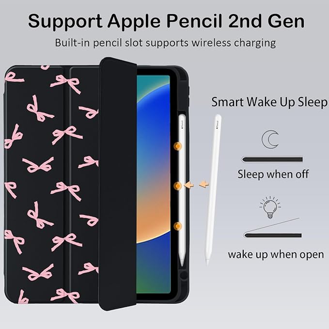 Cute Kawaii Pink Bow for iPad Air 11 Inch Case 7th/6th Generation (M3/M2) 2025/2024 with Pencil Holder Auto Sleep/Wake Black Leather Clear Acrylic Back Cover