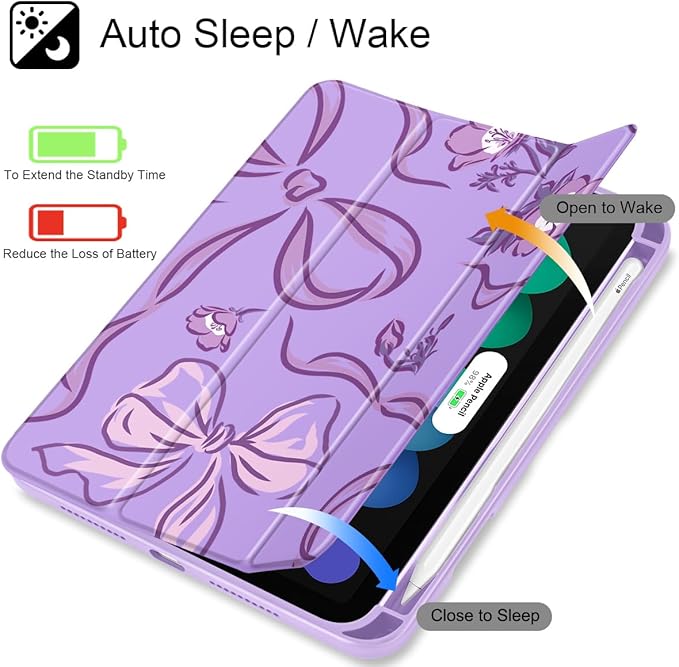 Mektron Printed Case for iPad mini 7 (A17 Pro) 2024/ Mini 6 2021 iPad mini 7th/6th Generation 8.3-inch Liquid Retina Display Cover Buit in Pencil Holder with Clear Back Shell Flowers-Bows-Purple