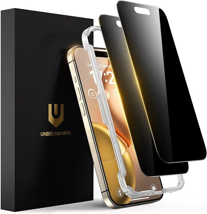 UNBREAKcable Privacy Screen Protector for iPhone 15 Pro Full Coverage Shatterproof Tempered Glass [True 28°Anti Spy] [9H Hardness] [Easy Installation Frame] 2-Pack Private Screen for iPhone 15 Pro