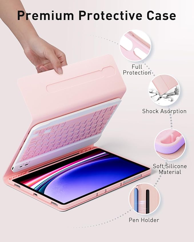 Case Keyboard for Samsung Galaxy Tab S10 Lite / S10 FE / S9 FE / S9 / S8 / S7 10.9/11 Built-in Pencil Holder with Mouse (Pink)
