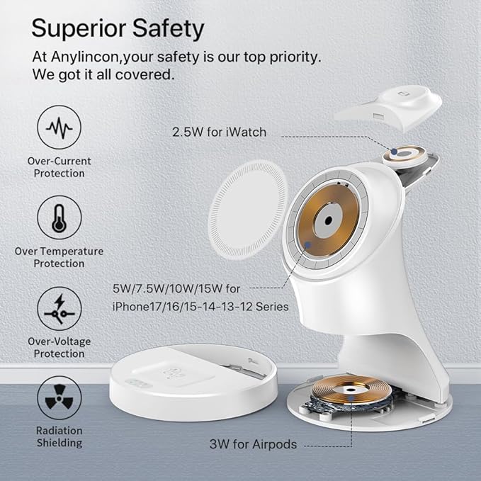 Wireless Charger3 in 1 Magnetic Wireless Charger Stand Fast Wireless Charging Dock for iPhone17/16/15/14/13/12 Series Apple Watch Series AirPods Pro.