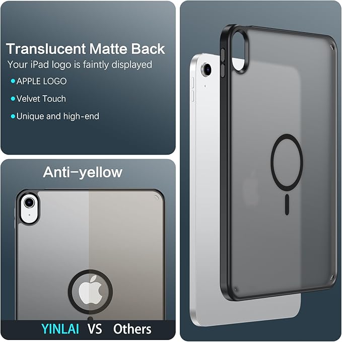 YINLAI Case for iPad (A16) 11th Generation 11 Inch (2025) iPad 10th Generation 10.9 Inch (2022) Magnetic [Compatible with Magsafe] Slim Translucent Matte Men Shockproof Protective Back Cover Black