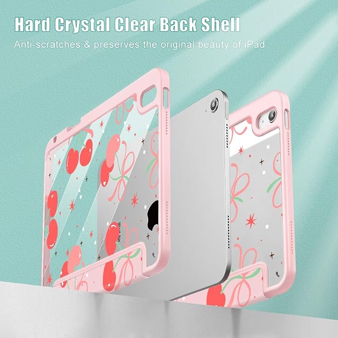 May Chen for iPad Air 11-inch M4/M3/M2 (2026/2025/2024) iPad Air 5th/4th 10.9 Inch - Shockproof Cover with Clear Back Shell &amp Penceil Holder Auto Wake/Sleep Stand Cover Coquette Cherry