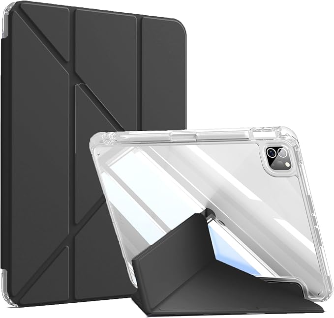 kenke Case for iPad Air 13 Inch (M3 2025/M2 2024) iPad Pro 12.9 Inch 6th/5th Generation (2022/2021) with Pencil Holder Y Folding Stand Cover with Hard Clear PC Back Support Touch ID Black