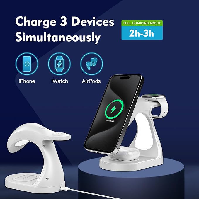 4 in 1 Magnetic Wireless Charger Stand for iPhone 16 15 14 13 12 Pro/Max/Plus/Mini AirPods Pro/3/2 and Watch 9/8/7/6/SE/5/4/3 Fast Charging Station White Dolphin 20W