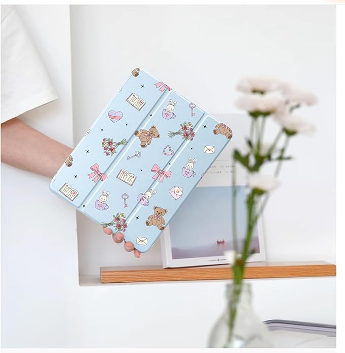 Cute Kawaii Bunny Bear Flower for iPad Pro 12.9 Inch Case 5th/6th Generation 2022/2021/2020 with Pencil Holder Auto Sleep/Wake Blue Leather Clear Acrylic Back Cover