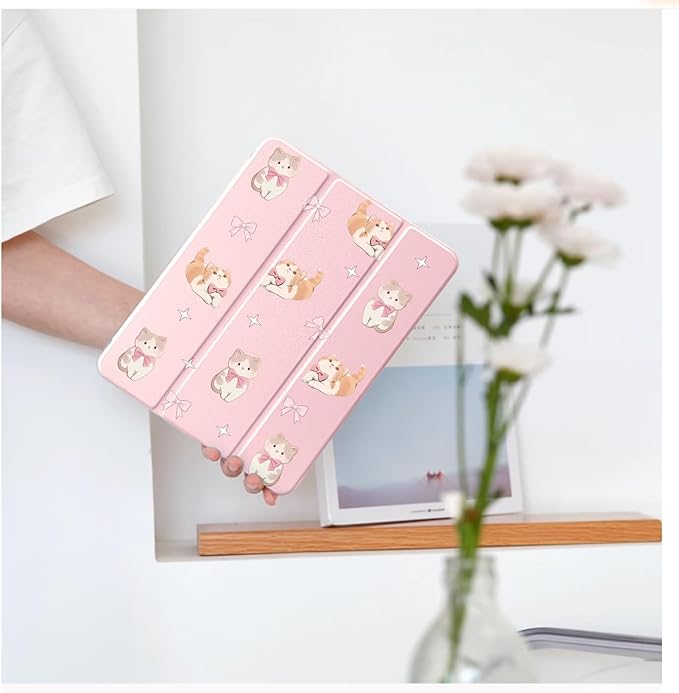 Cute Kawaii Kitten Bow for iPad (A16) 11th Generation Case 11 Inch 2025 for iPad 10th Gen Case 10.9 Inch 2022 with Pencil Holder Auto Sleep/Wake Pink Leather Clear Acrylic Back Cover