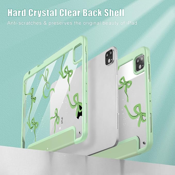 May Chen for iPad Pro 11 inch M2 4th Generation 2022 iPad Pro 11 3rd/2nd/1st Gen Case with Transparent Shockproof Back Cover [Built-in Pencil Holder Auto Sleep/Wake Green Bows
