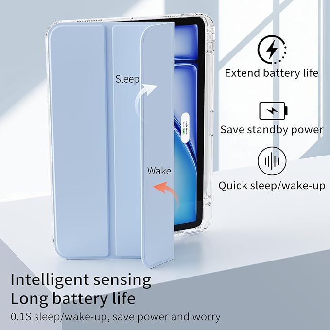 Case for iPad Air 11 inch M4/M3/M2 (2026/2025/2024) &amp iPad Air 5/4th Generation (2022/2020) 10.9 inch 2-in-1 Removable Hard PC Transparent Back with Pencil Holder Auto Sleep/Wake Sky Blue