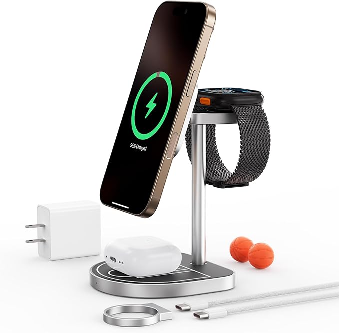 KU XIU X85 3-in-1 Wireless Charger Stand Magnetic Charging Station for iPhone 17–12 &amp iPhone Air Apple Watch S11–4/SE/Ultra AirPods 4/3/2/Pro – Adjustable Stand Basketball Court-Inspired Desig