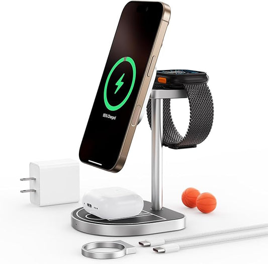 KU XIU X85 3-in-1 Wireless Charger Stand Magnetic Charging Station for iPhone 17–12 &amp iPhone Air Apple Watch S11–4/SE/Ultra AirPods 4/3/2/Pro – Adjustable Stand Basketball Court-Inspired Desig