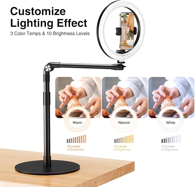 elitehood Overhead Phone Mount with Light for Video Recording Adjustable Desk Ring Light with Stand and Phone Holder Heavy Duty Overhead Camera Mount Tripod for iPhone Cooking Video Filming Meeting