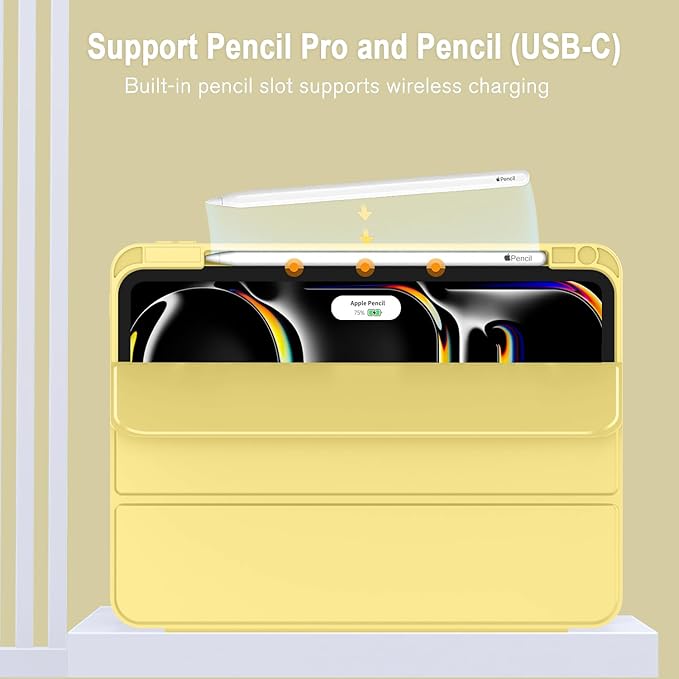 ZryXal New iPad Pro 13 Inch Case (M5) 2025 / (M4) 2024 with Pencil Holder Smart iPad Case [Support Pencil Pro and Pencil (USB-C)] Support Touch ID and Auto Wake/Sleep (New Yellow)