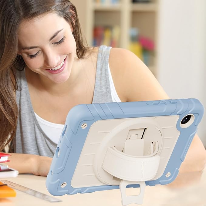 Case for Samsung Galaxy Tab A9 Case 8.7 Inch 2023 with 360 Rotating Hand Strap &amp Shoulder StrapProtective Case for Galaxy Tab A9 8.7 Tablet SM-X110/X115/X117 (Iceblue+White)