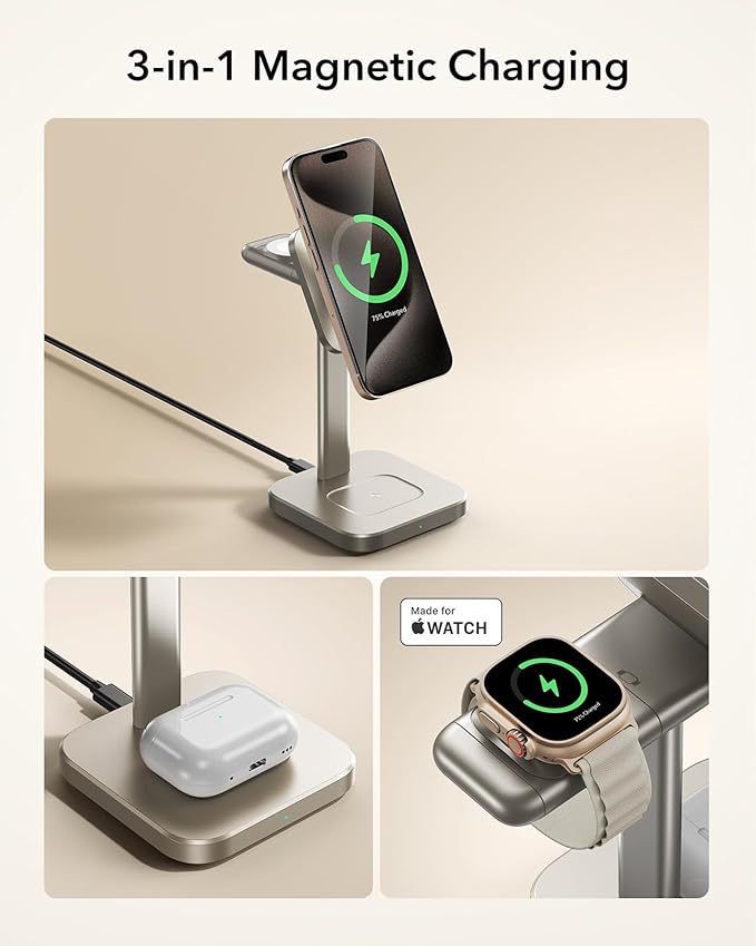 ESR for 3 in 1 Wireless Charging Station Certified Apple Watch Charger 15W MagSafe Charger Stand Wireless Charger for Multiple Devices iPhone 17/16/15/14/13 Watch AirPods Natural Titanium