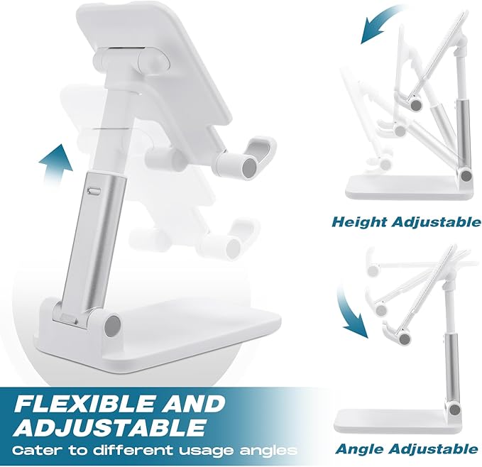 48 Pcs Cell Phone Stand Desk Table Adjustable Angle Height Phone Stand Foldable Portable Mobile Holder Silicone Pad Smartphone Tablet Holder Bulk for Office Travel Filming (White)