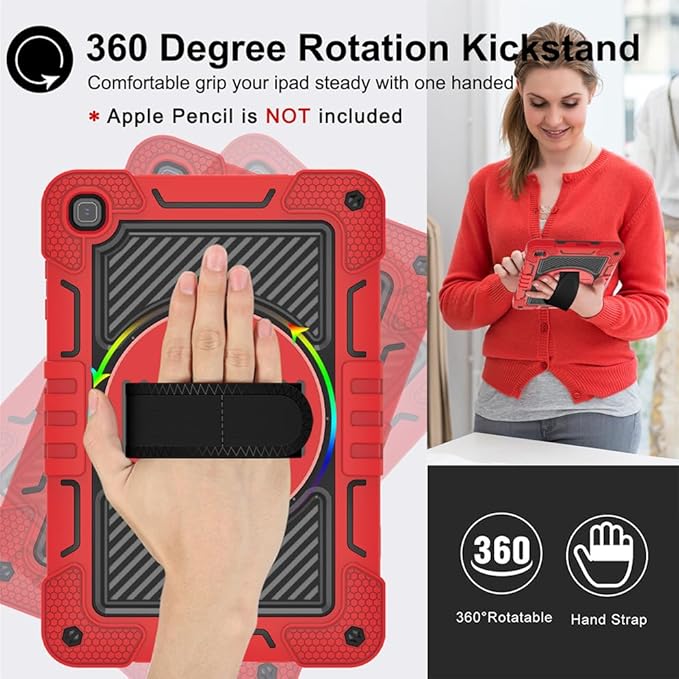Tablet Case for Honor Pad X8 AGM3-W09HN 10.1 inch Tablet Shockproof Cover with 360° Rotating Stand and Wrist Strap Shoulder Strap Large Red+Black