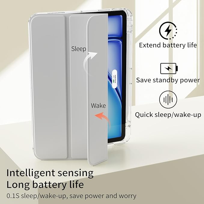 Case for iPad Air 11 inch M4/M3/M2 (2026/2025/2024) &amp iPad Air 5/4th Generation (2022/2020) 10.9 inch 2-in-1 Removable Hard PC Transparent Back with Pencil Holder Auto Sleep/WakeGray