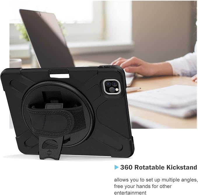ProCase iPad Pro 11 inch Case 2021 2020 2018 with Apple Pencil Holder Rugged Heavy Duty 360 Rotating Kickstand Protective Cover with Shoulder Strap for iPad Pro 11” 3rd Gen / 2nd Gen / 1st Gen –Black