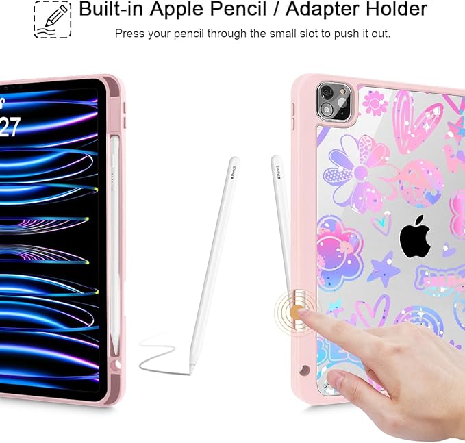 Tuiklol Case for iPad Pro 12.9 Inch M2 Case 2022 2021 2020 2018 Generation 6th/5th/4th/3rdBuilt-in Pencil Holder Clear Transparent Protective Back Shell Cover Fun Emotions Pink