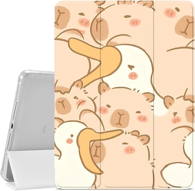 Cute Capybara Case for iPad Air 13 (M2) 2024/iPad Pro 12.9 2022/2021Lovely Animal Printed Protective CasePencil Holder &amp Clear Transparent Back &amp Trifold Smart Pad Cover Scratchproof Case