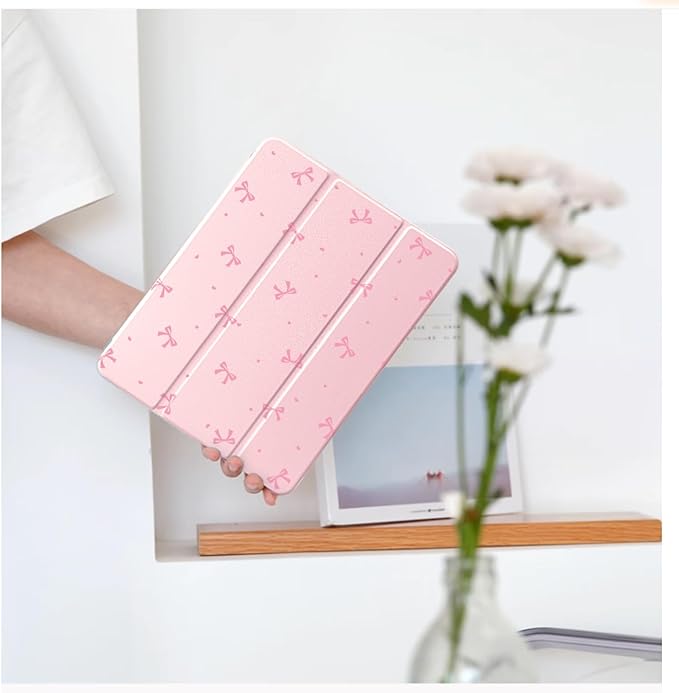 Cute Kawaii Pink Bow for iPad Air 11 Inch Case 7th/6th Generation (M3/M2) 2025/2024 with Pencil Holder Auto Sleep/Wake Pink Leather Clear Acrylic Back Cover