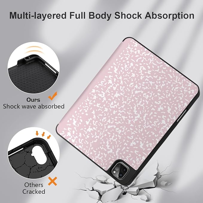 MEEgoodo for iPad Pro 12.9 Case M2 6th/5th/4th/3rd Generation 2022 2021 2020 2018 with Pencil Holder Tablet Cover with Soft TPU Back Shell Pink Composition Book