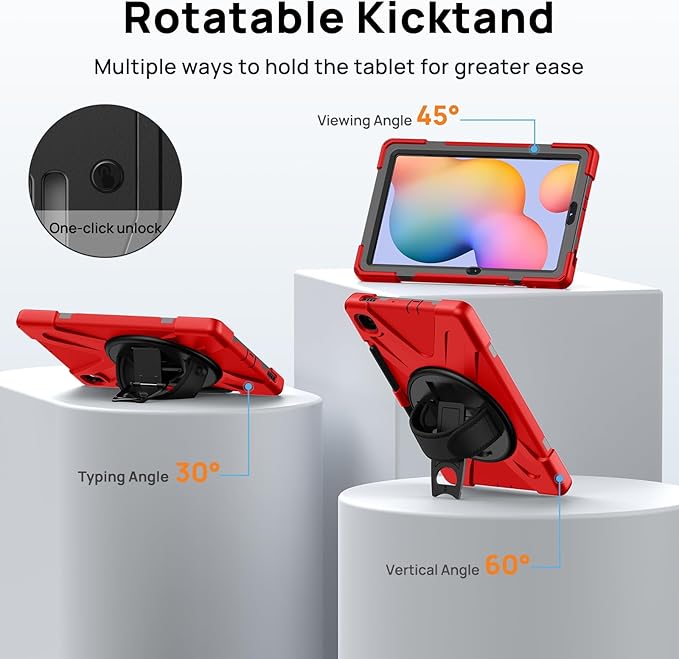 Gerutek Case for Samsung Galaxy Tab S6 Lite 10.4 2024/2022/ 2020 Full-Body Drop Protective Case with Screen Protector Pen Holder 360° Rotate Hand Strap &amp StandShoulder Strap Red
