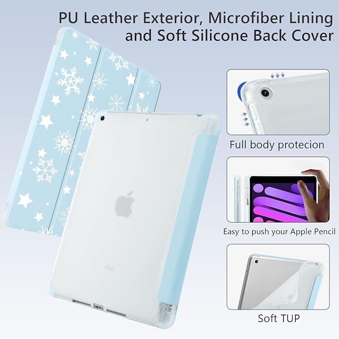 Cute Winter Snowflakes for iPad 5th/6th Generation Case with Pencil Holder Auto Sleep/Wake Blue Leather Soft TPU Back Cover for iPad 9.7 Inch