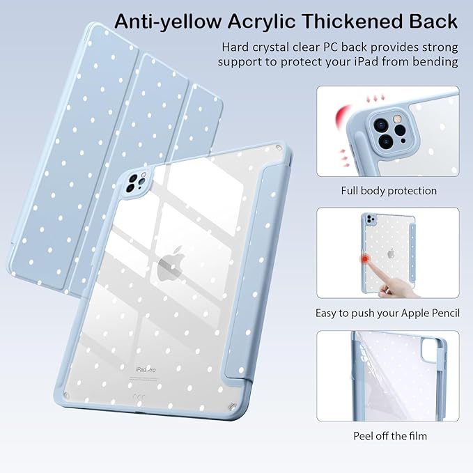 Cute White Polka Dot for iPad Air 11 Inch Case 7th/6th Generation (M3/M2) 2025/2024 with Pencil Holder Auto Sleep/Wake Blue Leather Clear Acrylic Back Cover