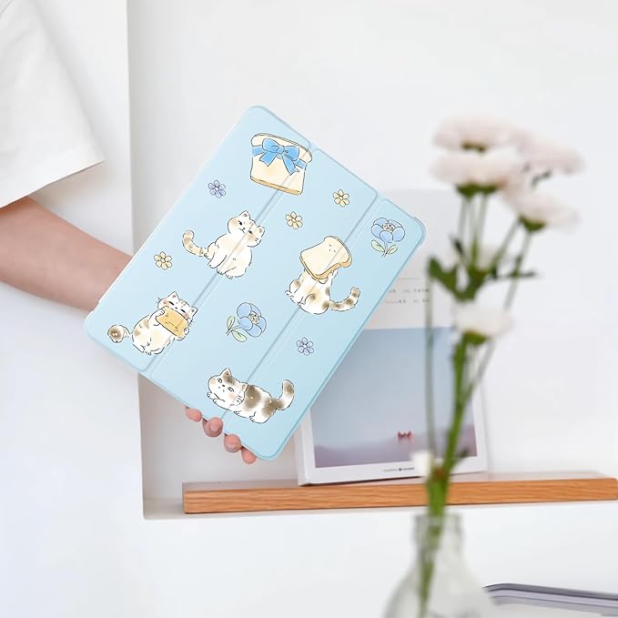 Cue Kawaii Kitten Cat for iPad Air 11 Inch Case 7th/6th Generation (M3/M2) 2025/2024 with Pencil Holder Auto Sleep/Wake Blue Leather Soft TPU Back Cover