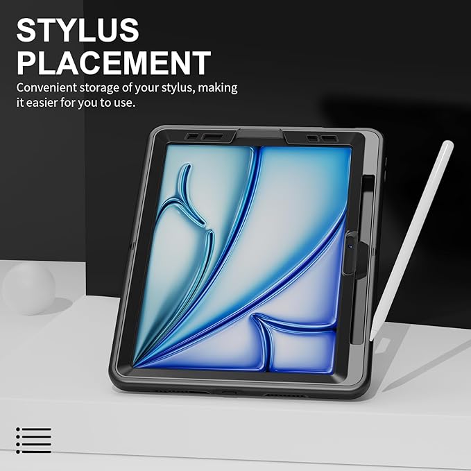 Junfire Protective Case for iPad Air 11-inch M4/M3/M2 (2026/2025/2024) Shockproof Rugged iPad Air 11 Case with 360°Rotating Kickstand/Hand Strap/Shoulder Strap/Stylus Holder-Black