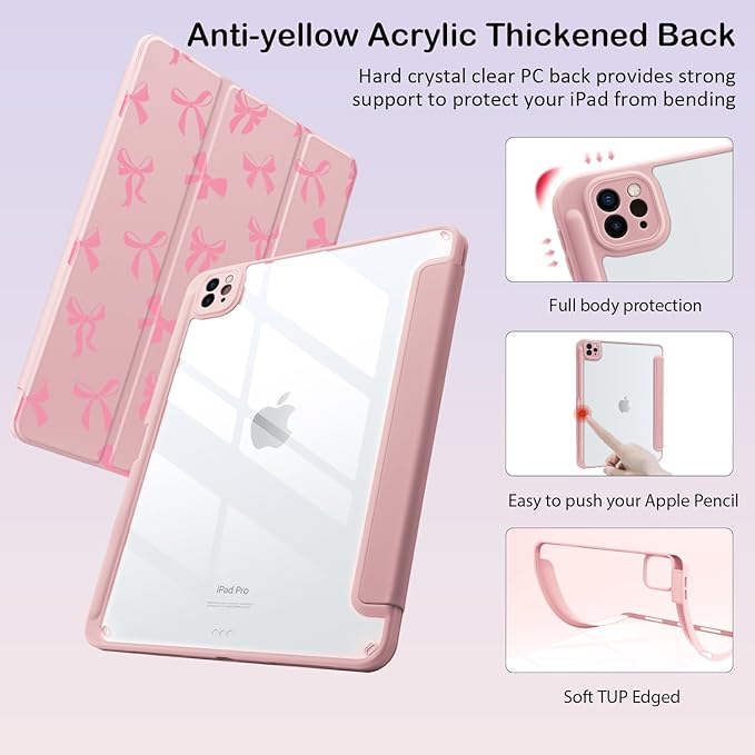 Cute Kawaii Pink Bow for iPad (A16) 11th Generation Case 11 Inch 2025 for iPad 10th Generation Case 10.9 Inch 2022 with Pencil Holder Auto Sleep/Wake Pink Leather Clear Acrylic Back Cover