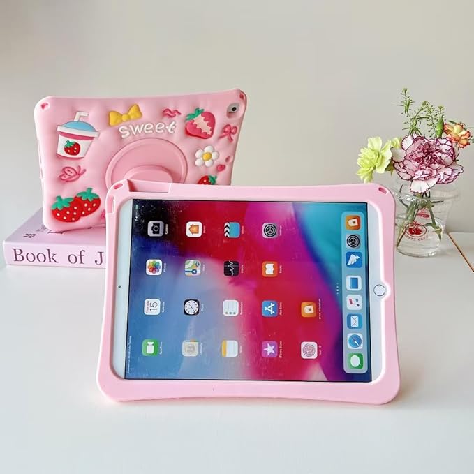 3D Cute Strawberry Cake Juice Case for iPad 9th/8th/7th 10.2 inchKawaii Cartoon Delicious Desserts Soft Silicone Rotating Stand Case with Lanyard for Kids Teens Girls Women
