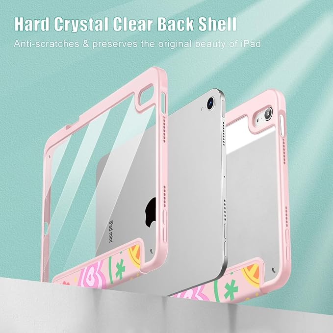 May Chen Hybrid Slim Case for iPad mini 7 (A17 Pro 7th Generation) 2024 / iPad mini 6 (6th Gen) 8.3 Inch [Built-in Pencil Holder] Shockproof Cover Clear Clear Back Shell Auto Wake/Sleep Smile Art