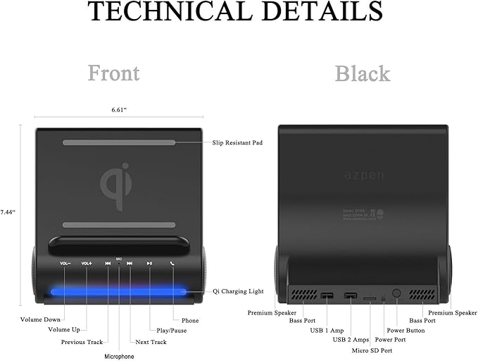 DockAll D108 Wireless Charging Dock Bluetooth Speakers by Azpen. Qi-Certified Wireless Charger for iPhone 15/14/13/12/11/X/8 and Samsung Galaxy S23/S22/S21/S20/S21/S10/S9 - Black