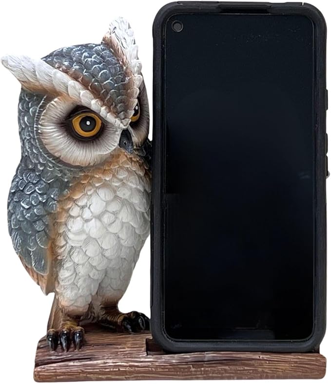 Whimsical Owl Cell Phone Stand and Decorative Mobile Phone Holder for Desk - Owl of Wisdom and Mystery Sturdy Resin Smartphone Holder Unique Owl Gift for Protection and Style