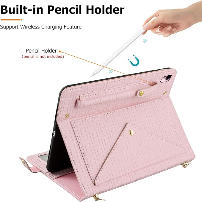 Dteck Handbag Case for iPad 9th/8th/7th Generation 2021/2020/2019 10.2 Inch with Pencil Holder Folio Stand PU Leather Crossbody Shoulder Hand Strap Card Pockets Magnetic Envelope Wallet CoverPink