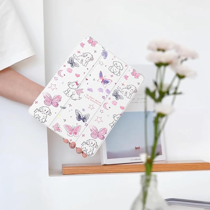 Cute Kawaii Puppy Butterfly for iPad mini 7 A17 Pro 2024/iPad Mini 6 Case with Pencil Holder Auto Sleep/Wake White Leather Soft TPU Back Cover