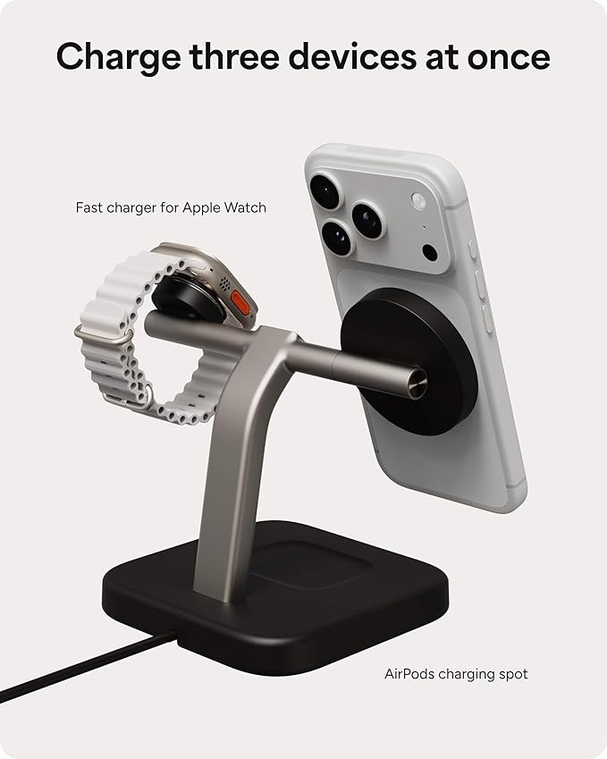 Mophie 3-in-1 Wireless Charging Stand - Qi2-Certified MagSafe Charger for iPhone Apple Watch &amp AirPods – Fast Charging Station with Adjustable Phone Stand &amp Cable Management – Up to 15W Powe