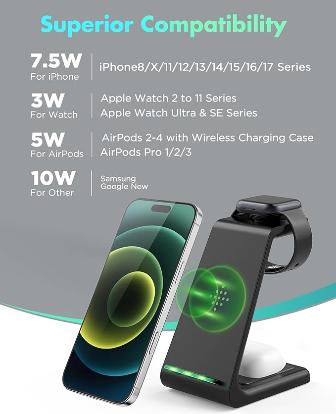 3 in 1 Wireless Charging Station 2026 Upgraded Fast Desk Charger Station for iPhone 17 16 15 14 13 12 Pro Max Plus Charger Stand for Apple Watch 10 9 8 7 6 5 4 3 2 SE Airpods 4 3 2 Pro(Black)