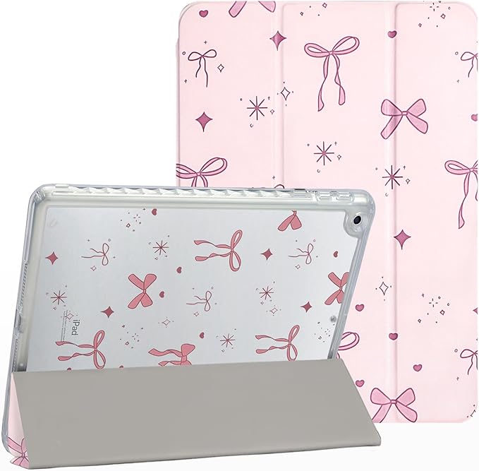 Fycyko Trifold Stand Case for iPad 10.2 InchiPad 9th/8th/7th Generation 2021/2020/2019 Aesthetic Pink Bowknot Ribbon Pattern with Pencil Holder Shockproof Protective CoverRibbon