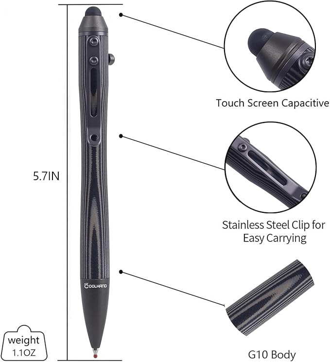 Cool Hand 5.7'' Bolt Action Pens EDC Ballpoint Ink Refillable Stylus for Touch Screen G10 Body w/Pocket Clip Ergonomic Grip with a Free Refill 5374-B