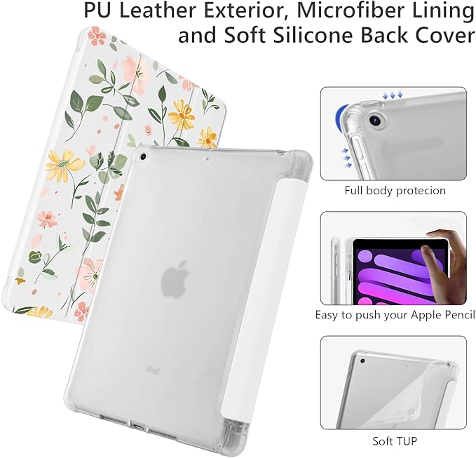 Cute Floral Leaves for iPad Air 11 Inch Case 7th/6th Generation (M3/M2) 2025 2024 with Pencil Holder Auto Sleep/Wake Leather Soft TPU Back Cover