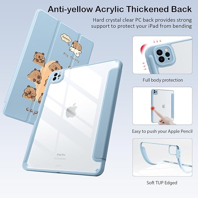 Cute Kawaii Capybara for iPad Pro 11 Inch Case (M5/M4) 2025/2024 with Pencil Holder Auto Sleep/Wake Blue Leather Clear Acrylic Back Cover