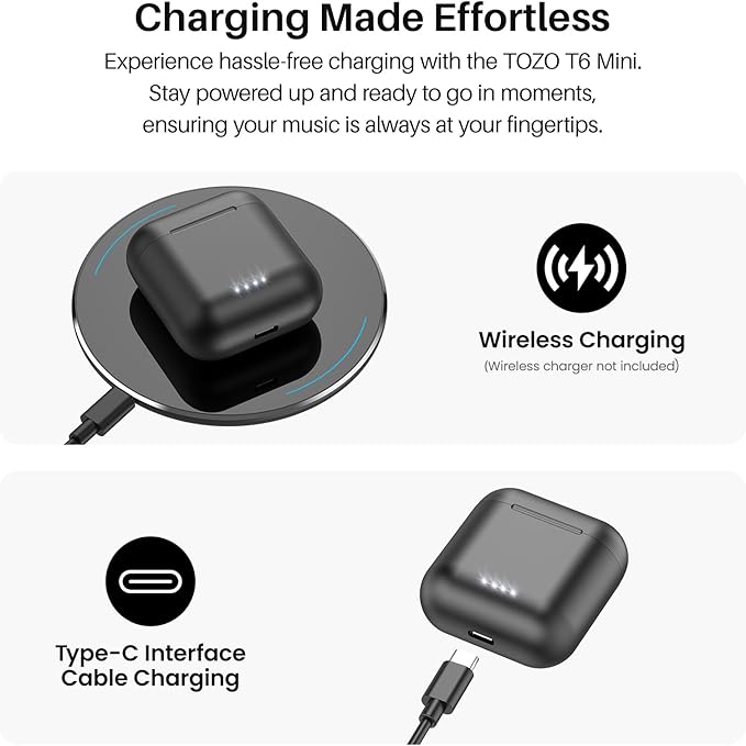 TOZO T6 Wireless Earbuds Bluetooth 5.3 Ear Buds Stereo Sound in Ear Headphones 50 Hours Playtime Wireless Charging Case APP Customizable EQs IPX8 Waterproof Earphones